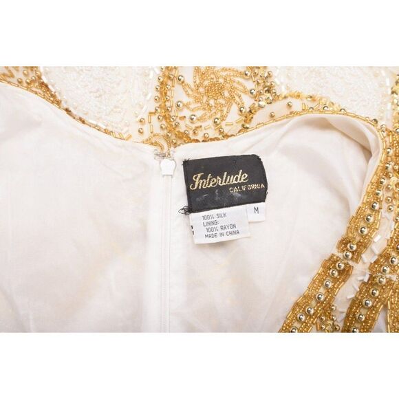 Vintage Interlude CA Womans Evening Shift Dress Size M Ivory Gold Beaded Silk - Picture 6 of 6